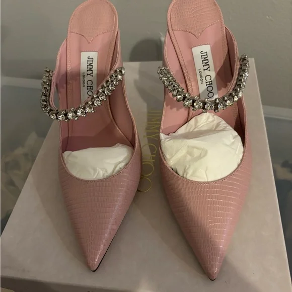 Jimmy Choo Bing pink lizard Crystal-Embellished Pointed Mules - Picture 5 of 7